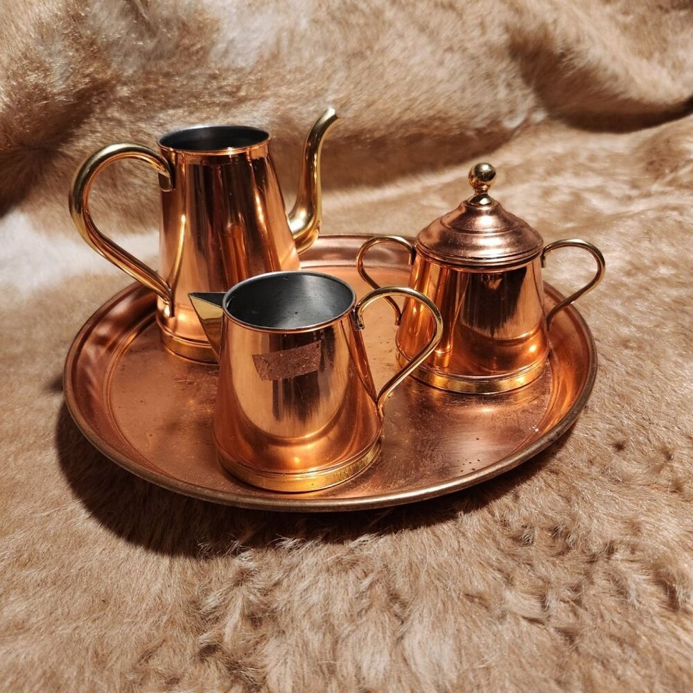 Vintage Copper Gild & Brass Coffee & Tea Set With Tray Made In Belgium
